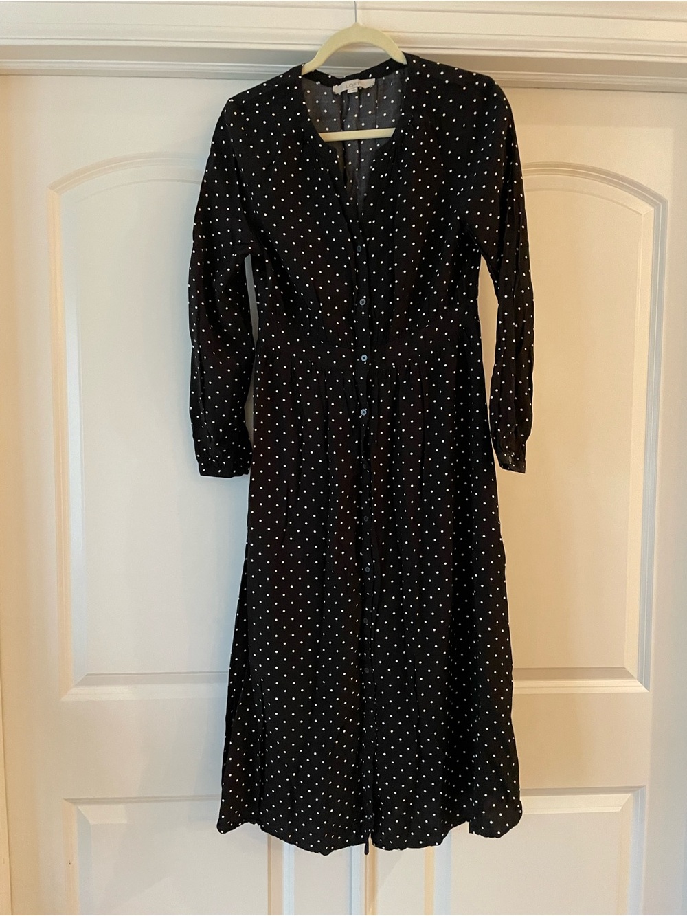 LOFT Black Dress with White Polka Dots - Long Sleeve Midi
